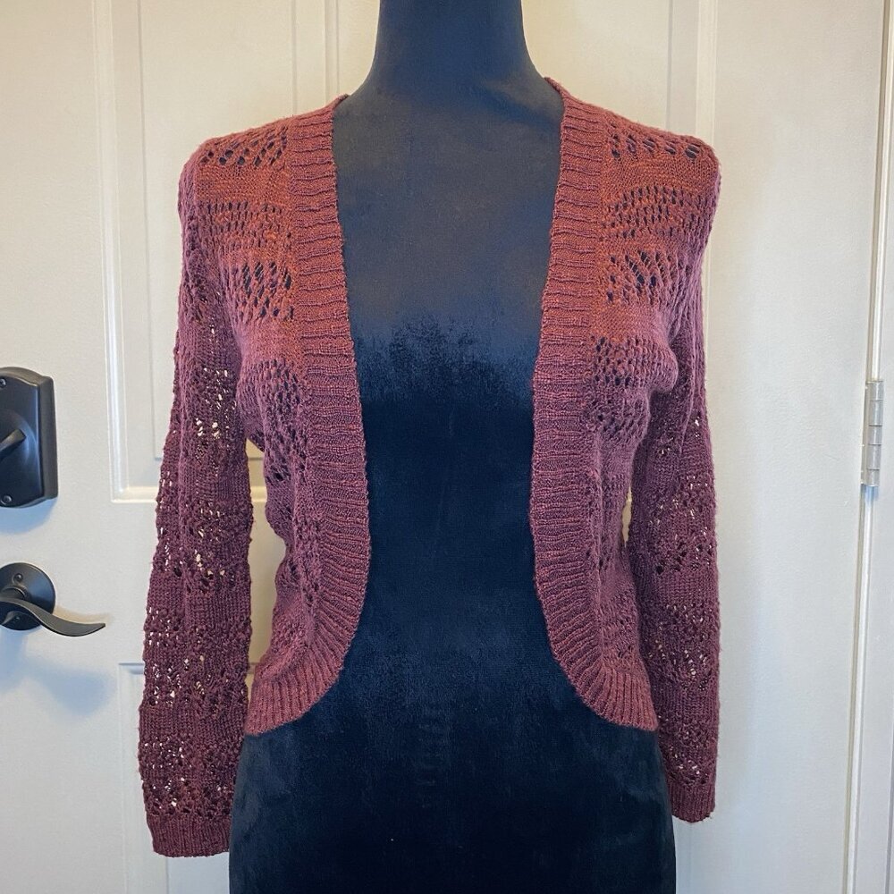 Cloud Chaser Pattered Open Knit Shrug Cropped Bolero Shrug Small Deep Burgundy